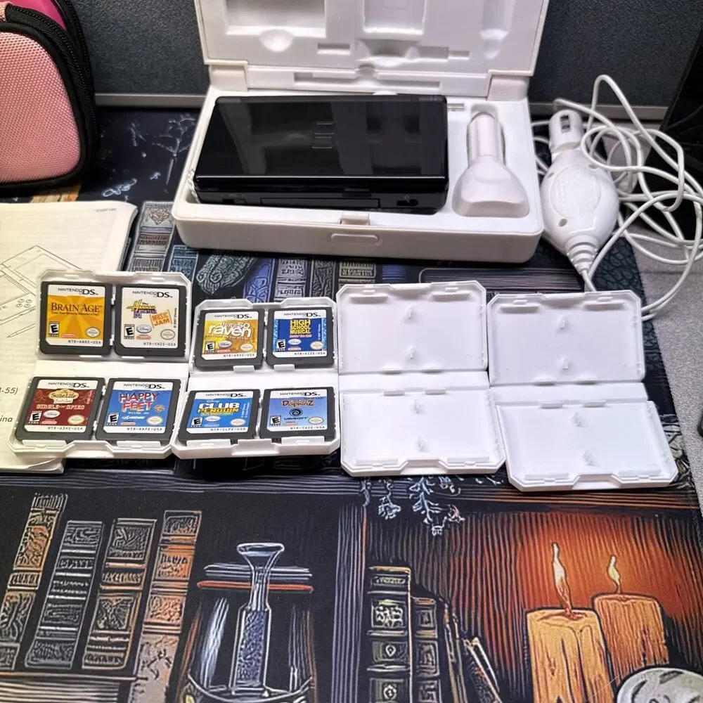 Nintendo DS Lite Black Console Bundle With Cases And 8 Games